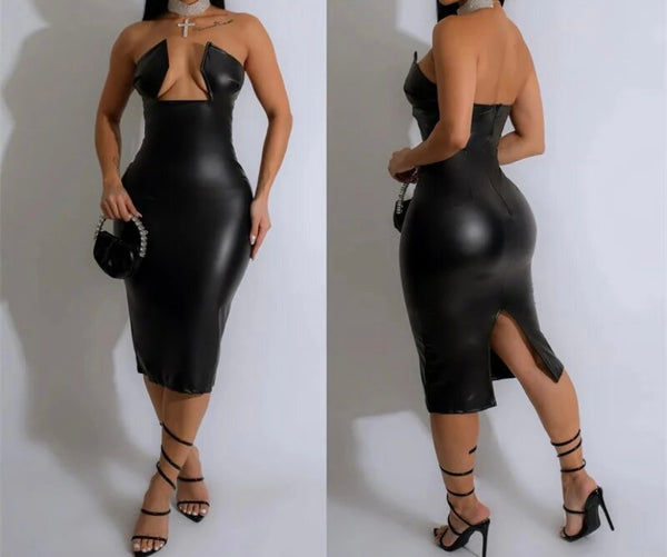 Women Sexy Strapless Black PU Dress