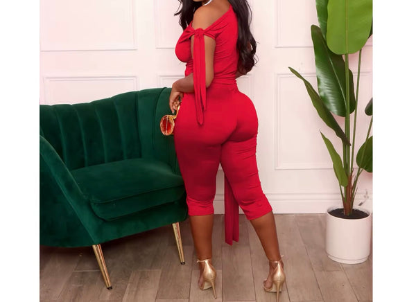 Women Sexy Solid Color Tassel Sleeveless Two Piece Capri Pant Set
