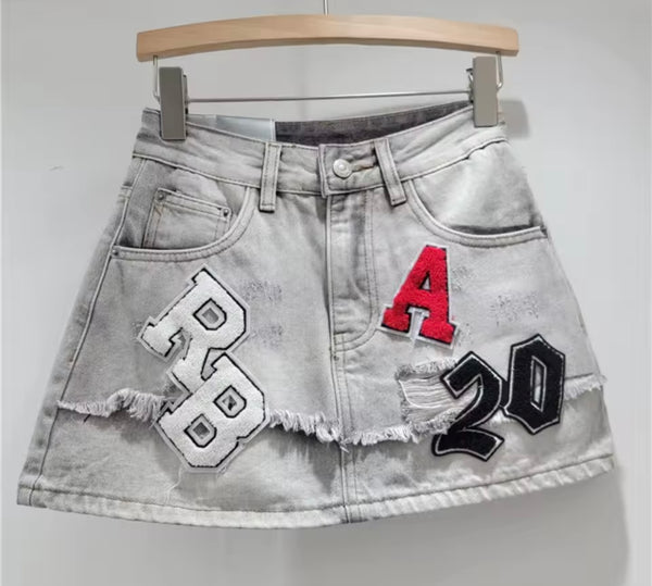 Women Fashion Letter Number Print Denim Skirt