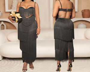 Women Sexy Sleeveless Open Back Fringe Tassel Maxi Dress