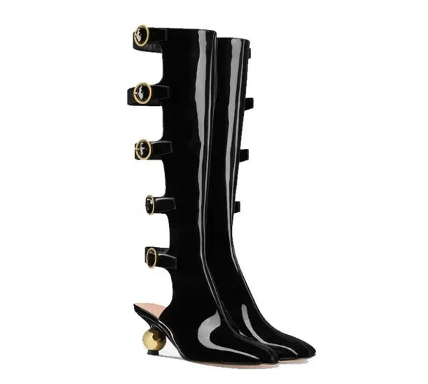 Women Black Fashion Gold Buckled Patent Leather Ankle/Knee High Boots