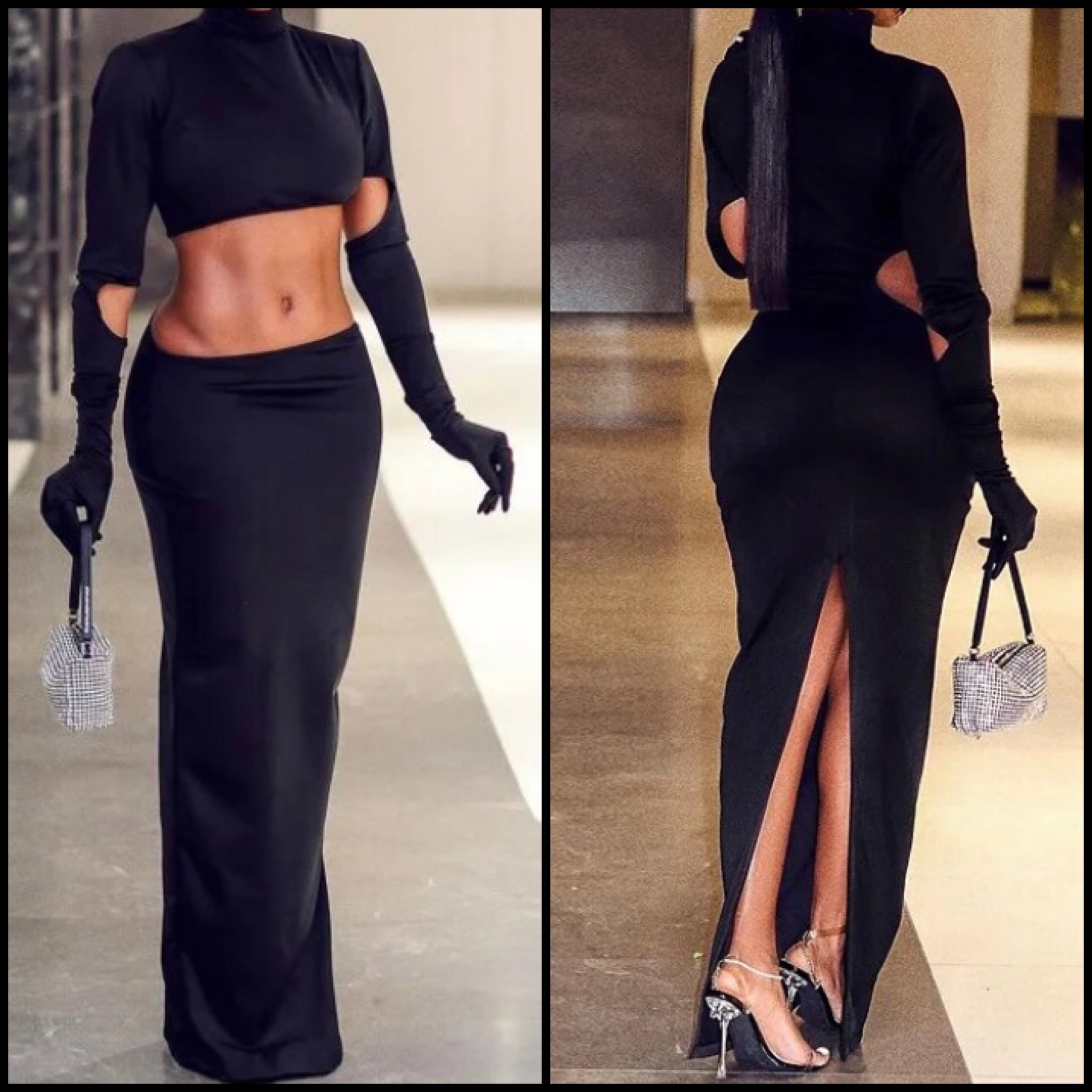 Women Full Sleeve Cut Out Black Sexy Maxi Dress