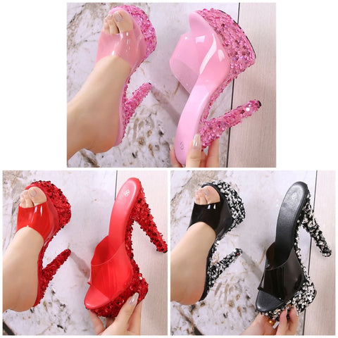 Women Fashion PVC Sequins Platform Slide On Sandals