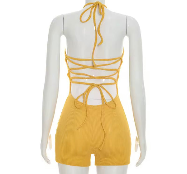 Women Sexy Halter Sleeveless Ribbed Romper