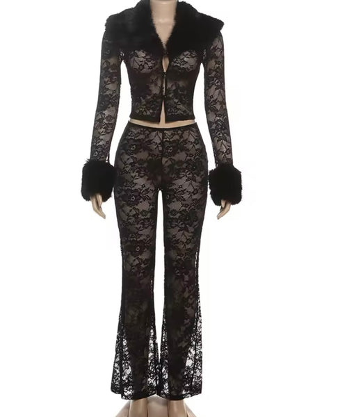 Women Sexy Black Faux Fur Full Sleeve Lace Two Piece Pant Set