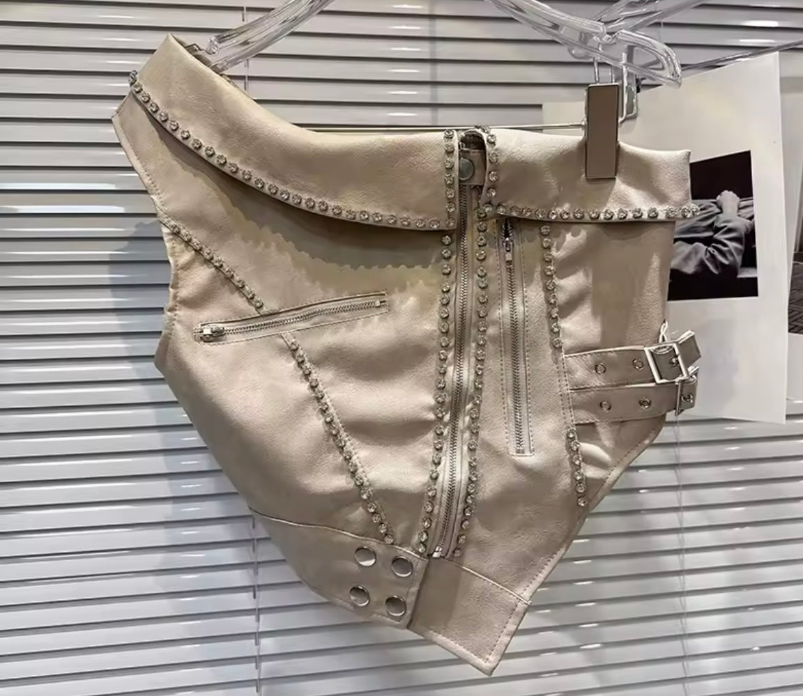 Women One Shoulder Zip Up Buckled Rhinestone Faux Leather Top