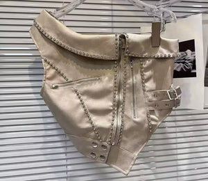 Women One Shoulder Zip Up Buckled Rhinestone Faux Leather Top