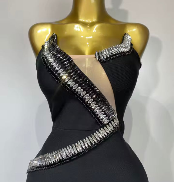 Women Black Rhinestone Sexy Strapless Maxi Dress