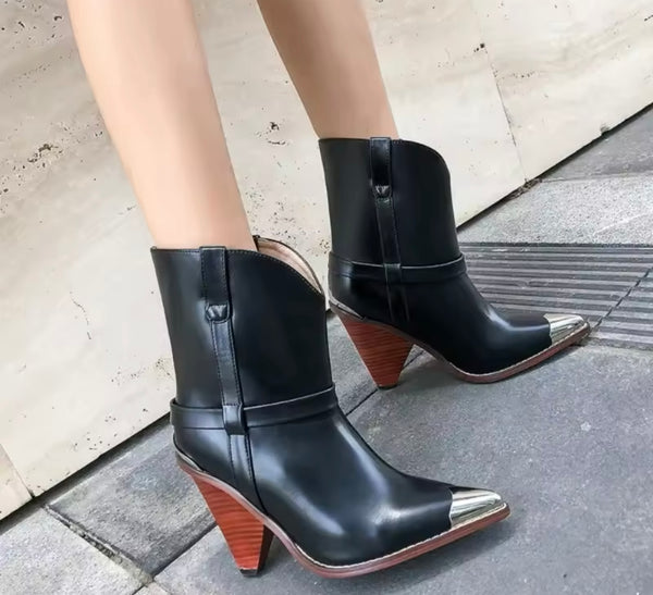 Women Fashion Metal Pointed Toe Ankle Western Boots