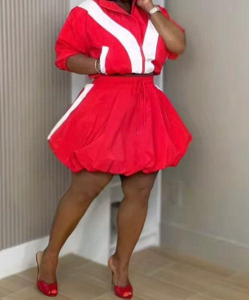 Women Striped Zip Up Short Sleeve Two Piece Bubble Skirt Set