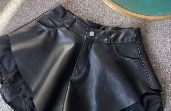 Women Black Ruffled Faux Leather Fashion Shorts