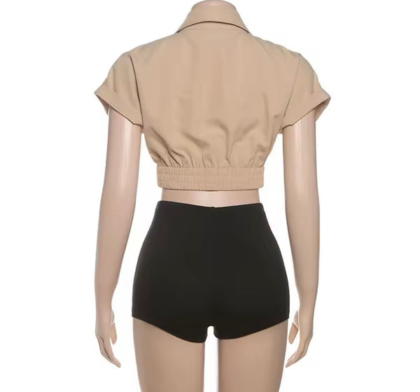 Women Fashion Button Up Short Sleeve Color Patchwork Two Piece Short Set