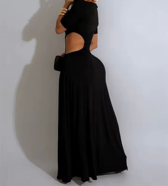 Women Sexy Solid Color Short Sleeve Cut Out Side Split Maxi Dress