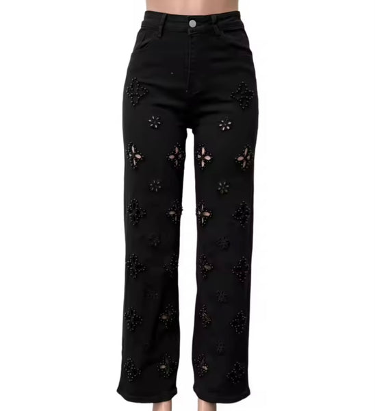 Women Fashion Beaded Cut Out Floral Denim Pants