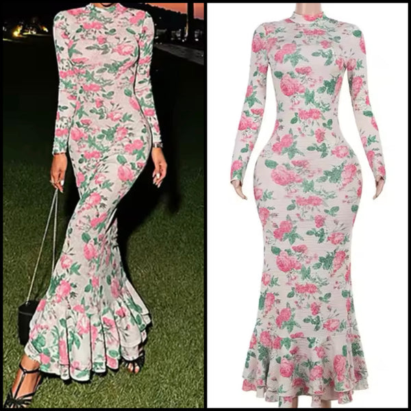 Women Sexy Floral Full Sleeve Maxi Dress