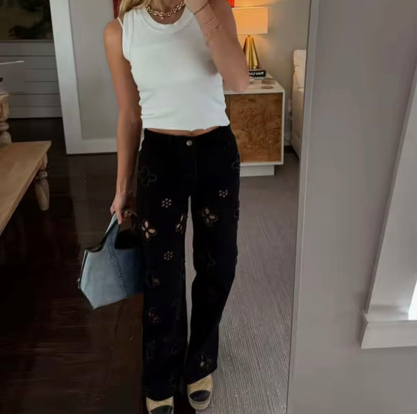 Women Fashion Beaded Cut Out Floral Denim Pants