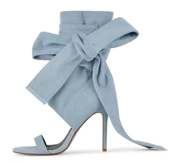 Women Fashion Denim Open Toe Bow High Heel Ankle Boots