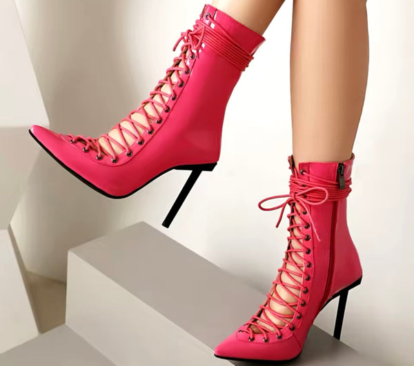 Women Fashion Pointed Toe Patent Leather Lace Up Ankle Boots