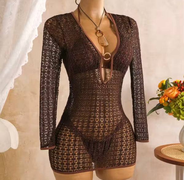 Women Sexy Halter Bikini Mesh Dress Cover Up Set