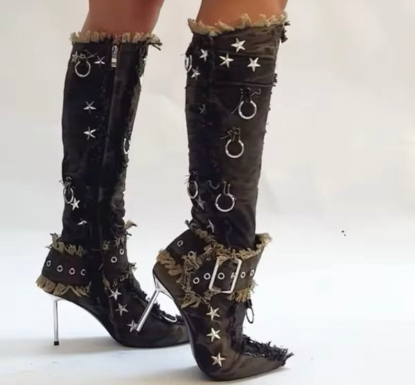 Women Fashion Rivet Fringe Buckle Denim Knee High Boots