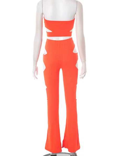Women Sexy Strapless Cut Out Crop Two Piece Pant Set