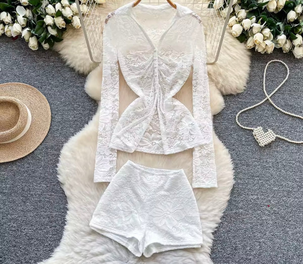 Women Sexy Fashion Lace Full Sleeve Blazer Two Piece Short Set