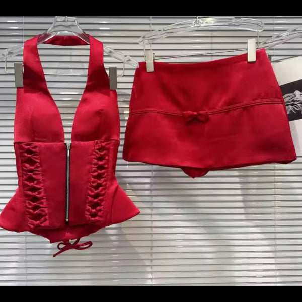 Women Red Halter Sleeveless Two Piece Sexy Skirt Set