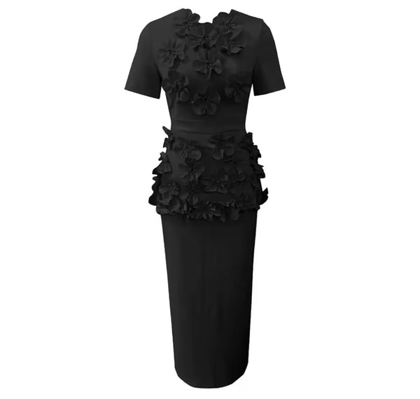 Women Solid Color Floral Short Sleeve Two Piece Maxi Skirt Set