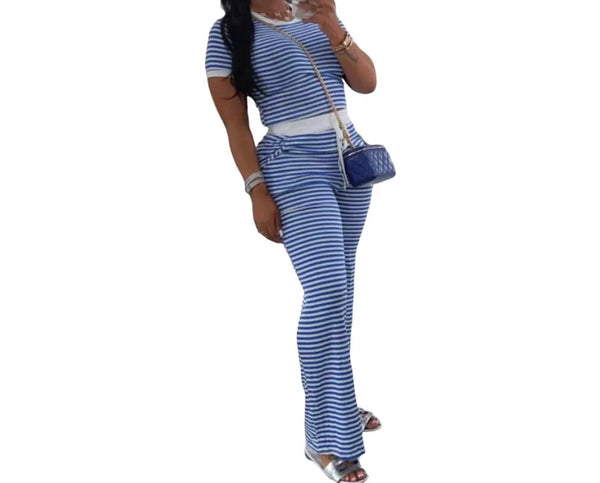 Women Striped Fashion Short Sleeve Two Piece Pant Set