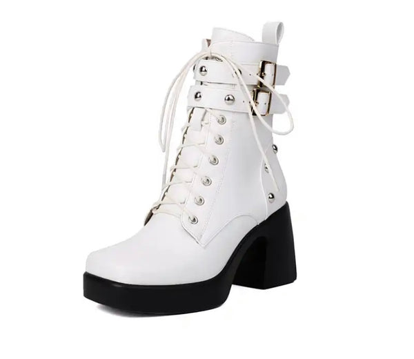 Women Fashion Platform Buckled Lace Up Ankle Boots