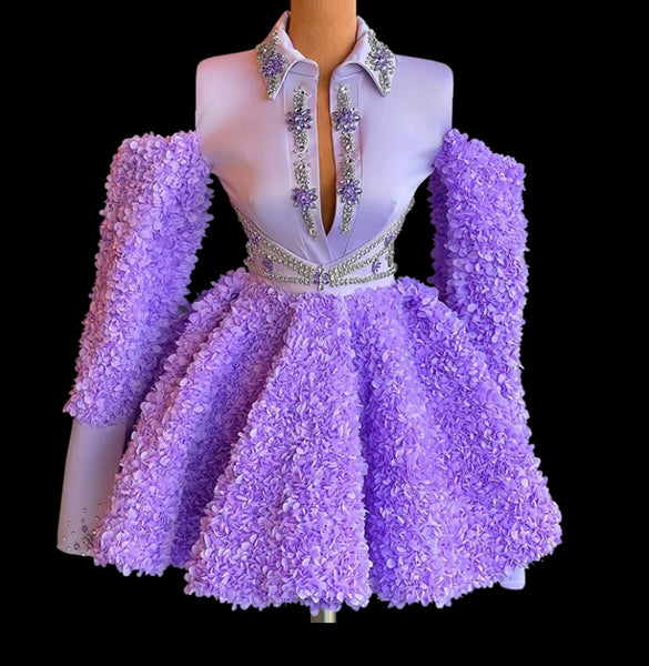 Women Sexy Purple Bling Crystal Full Sleeve Floral Dress