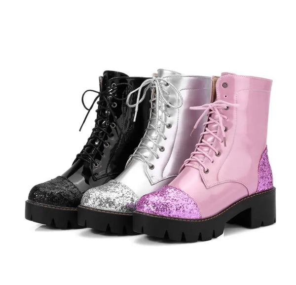 Women Fashion Patent Leather Sequins Patchwork Lace Up Ankle Boots