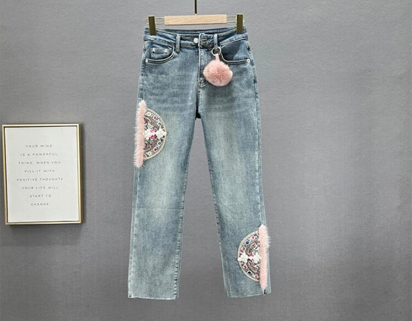 Women Fashion Embroidery Faux Fur Patchwork Denim Pants