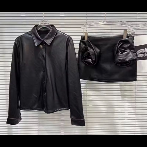 Women Black Faux Leather Button Up Fashion Two Piece Skirt Set