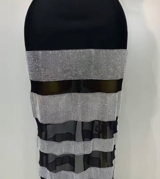 Women Sexy Strapless Black Bling Patchwork Maxi Dress