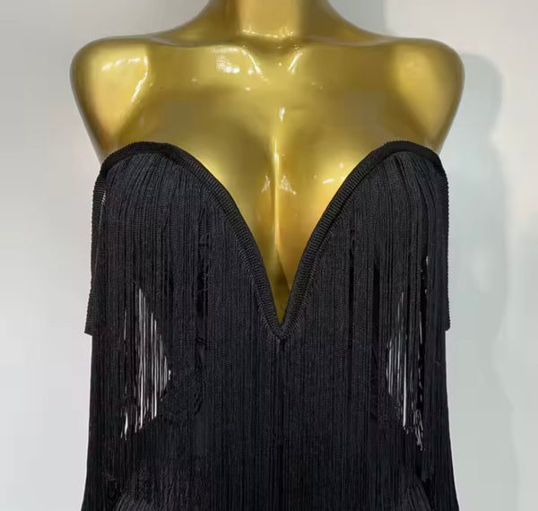 Women Sexy Strapless Solid Color Fringe Tassel Dress
