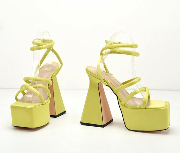 Women Fashion Square Toe Color Platform Ankle Strap Sandals