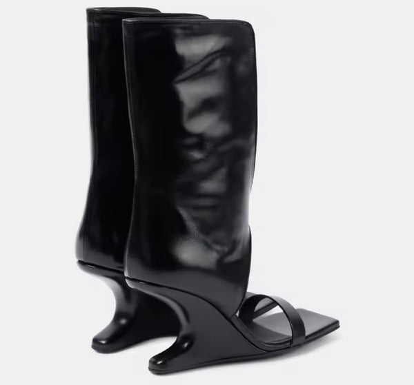 Women Faux Leather Fashion Open Toe Wedge Mid-Calf Boots