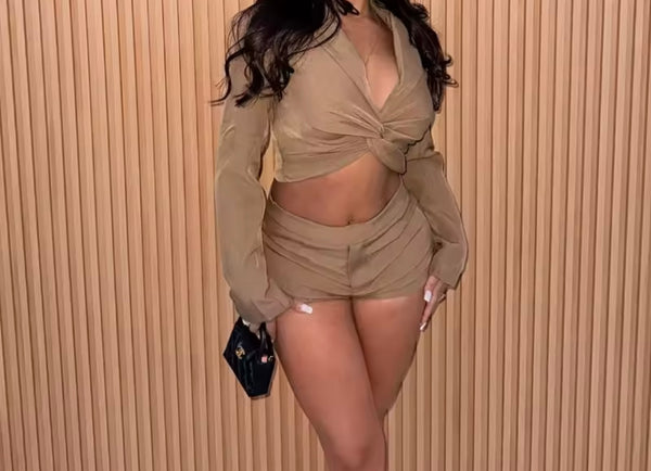 Women Solid Color Full Sleeve Crop Fashion Two Piece Short Set