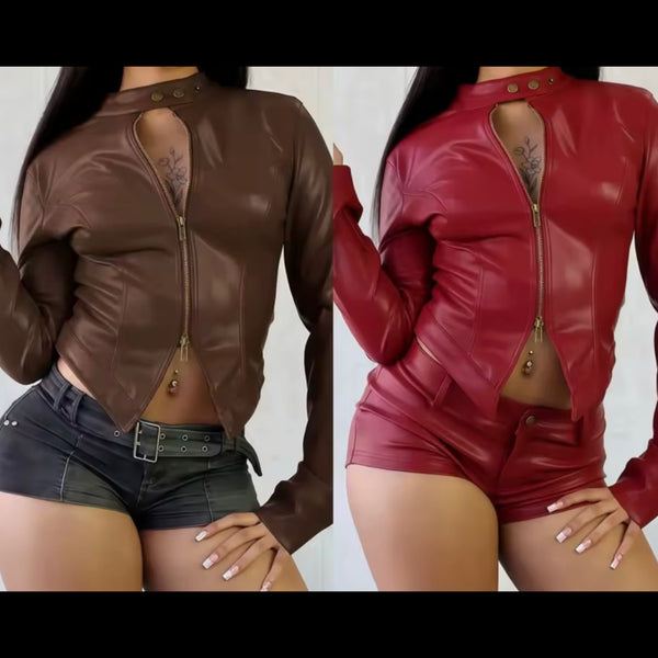 Women Color Fashion Zip Up Faux Leather Jacket
