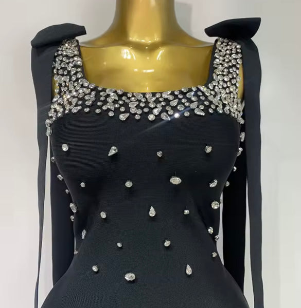 Women Sexy Black Tie Up Sleeveless Rhinestone Dress