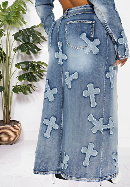 Women Fashion Printed Two Piece Denim Jacket Maxi Skirt Set