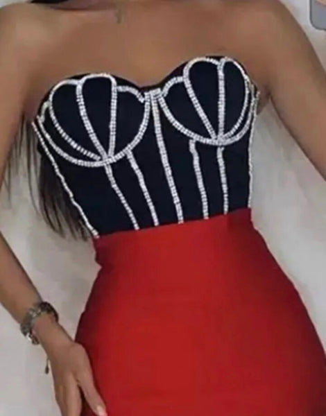 Women Sexy Strapless Rhinestone Patchwork Back Zipper Dress