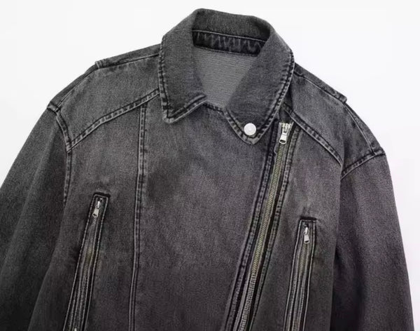 Women Fashion Gray Denim Buckled Zip Up Jacket