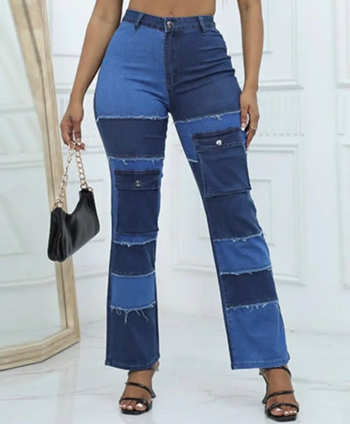 Women Color Patchwork Pocket Fashion Denim Pants