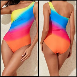 Women Sexy One Shoulder Rainbow Swimsuit