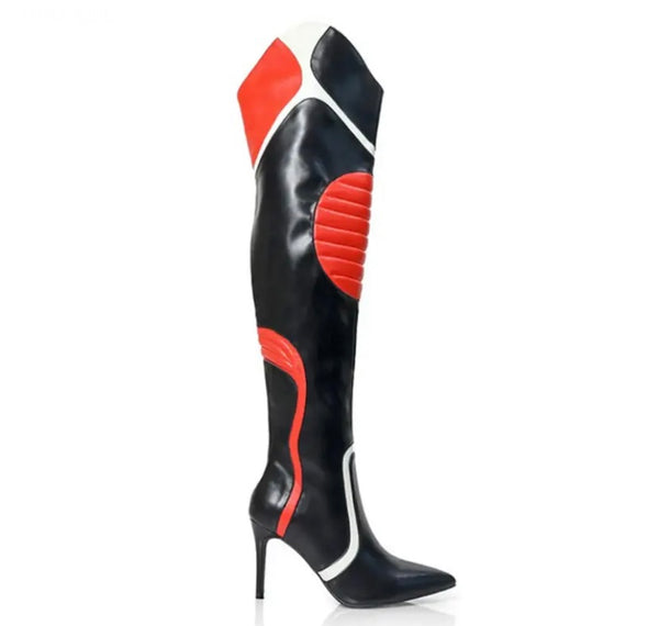 Women Pointed Toe Faux Leather Color Patchwork Knee High Boots