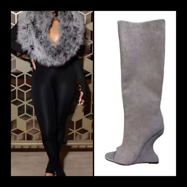 Women Color Open Toe Suede Wedge Knee High Boots
