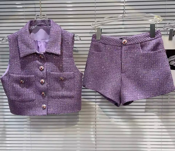 Women Button Up Sleeveless Tweed Two Piece Short Set