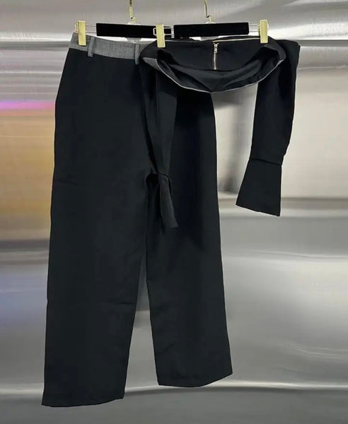 Women Sexy Off The Shoulder Full Sleeve Color Patchwork Two Piece Pant Set